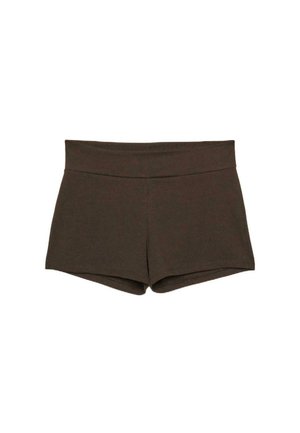 Tmavohnedé priliehavé šortky so širokým pásom, hladkým predným dielom a krátkym lemom.