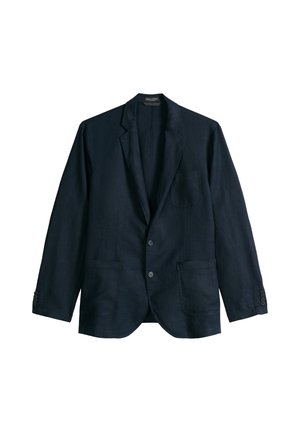 Marineblauer Herrenblazer mit Reverskragen, Zwei-Knopf-Verschluss, drei aufgesetzten Taschen und geknöpften Manschetten, präsentiert auf weißem Hintergrund.