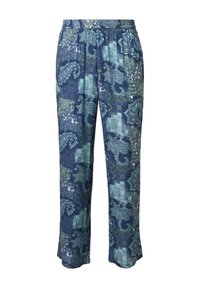 Patroon blauwe en groene broek van lichtgewicht stof, met een elastische tailleband en een relaxte, recht gesneden pasvorm.