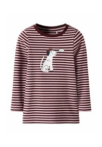 Long-sleeve, striped shirt in burgundy and pink, featuring a white dog graphic and the text "Bonjour." Made from soft cotton material.