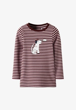 Long-sleeve, striped shirt in burgundy and pink, featuring a white dog graphic and the text "Bonjour." Made from soft cotton material.