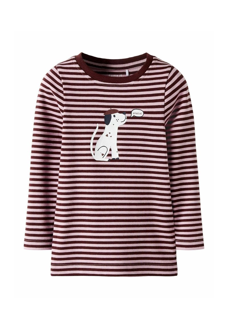 Long-sleeve, striped shirt in burgundy and pink, featuring a white dog graphic and the text "Bonjour." Made from soft cotton material.