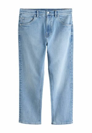 Light blue straight-leg denim jeans with front pockets, belt loops, and a button closure.