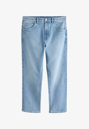 Lyseblå jeans med lige ben, forlommer, bæltestropper og knaplukning.