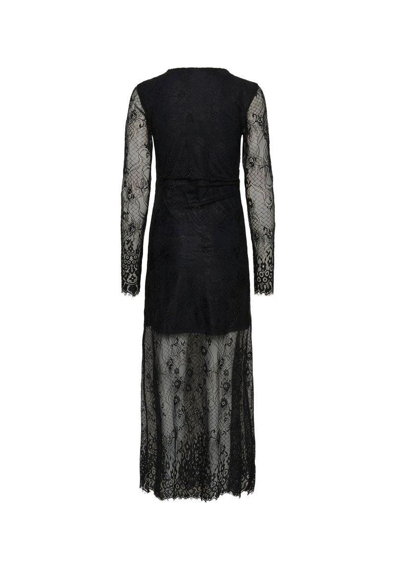 Robe en dentelle noire avec des manches longues, une taille cintrée et une jupe fluide ornée de motifs floraux et géométriques complexes.