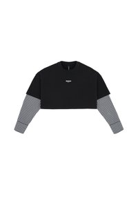T-shirt nera tagliata con maniche lunghe a righe in grigio e bianco. Materiale morbido con scollatura a girocollo e branding minimal.
