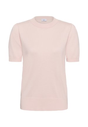 Hele roosa lühikeste varrukatega kampsun soonikkoes ümara kaelusega ja liibuvate varrukaotsadega, valmistatud pehmest ja siledast materjalist. Muster ega detailid puuduvad.