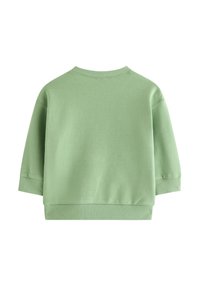 Μέντα πράσινο κοντό φούτερ με ριμπ ψηλό λαιμόκοψη και φαρδιά, κοντά μανίκια. Λιτή υφή, ριμπ μανσέτες και τελείωμα στη μέση.