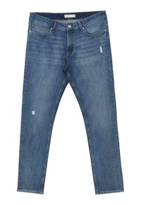 Jeans in denim blu con taglio dritto, caratterizzati da una leggera lavatura, leggere sfumature e toppe strappate sul davanti. Dettagli in metallo color rame.