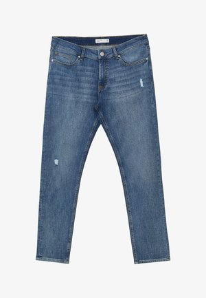 Blaue Denim-Jeans mit geradem Schnitt, featuring einen hellen Waschungsgrad, subtile Abnutzungen und abgetragenen Stellen auf der Vorderseite. Kupferne Hardware-Akzente.