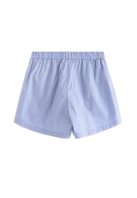 Lys blå shorts med smalle orange striber. Elastisk talje. Glat stof, knæ-længde snit. Egnet til afslappet brug.