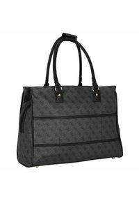 Borsa a tracolla sintetica grigia con accenti in finta pelle nera, caratterizzata da una superficie a motivo, manici doppi e una tasca laterale con zip.