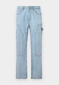Light blue denim cargo pants with multiple large pockets, a straight leg design, and subtle stitching details.