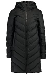 Schwarzer wattierter Mantel mit Chevron-Steppmuster, durchgehendem Reißverschluss, Seitentaschen und Kapuze. Glatte Textur mit verstellbaren Elementen.