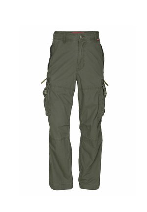 Pantaloni cargo verde oliva, realizzati in cotone, con molteplici tasche laterali, una vestibilità classica e cuciture resistenti. Progettati per utilità e comfort.
