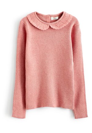 Różowy sweter z długim rękawem, prążkowany, z falbankowym kołnierzem typu Peter Pan i zapięciem na guziki z tyłu.