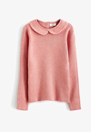 Różowy sweter z długim rękawem, prążkowany, z falbankowym kołnierzem typu Peter Pan i zapięciem na guziki z tyłu.