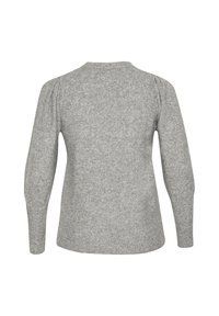 Grau gestrickter Pullover mit langen Ärmeln und hohem Kragen. Der Stoff hat eine weiche Textur mit einem dezenten Melange-Muster.