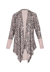 Cardigan de culoare roz deschis cu imprimeu leopard negru, design cu față deschisă, mâneci lungi și hem asimetric. Fabricat dintr-un material moale și fluid.