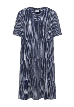 Laivastonsininen lyhythihainen kerroksittainen mekko, jossa valkoiset pystysuuntaiset epäsäännölliset raidat ja V-kaula-aukko.