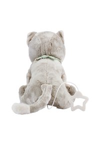 Soft gray stuffed cat with rounded ears, a green fabric collar, and a star-shaped attachment with a textured surface at the back.