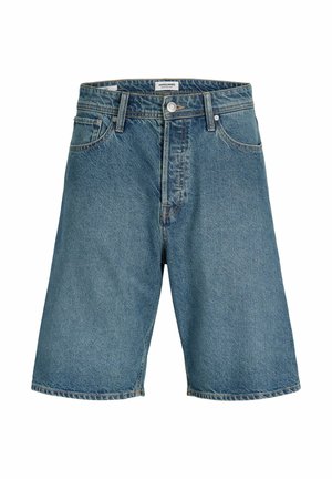 Kék farmer térdig érő rövidnadrág elülső gombbal és cipzárral, övszalagokkal és elülső zsebekkel.