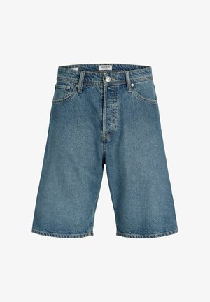 Modre jeans kratke hlače do kolen z gumbi in zadrgo spredaj, zankami za pas in sprednjimi žepi.