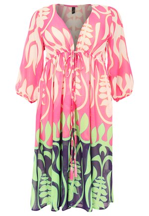 Floral-print maxi dress in pink, white, and green. Features a deep V-neck, gathered waist with drawstring, and voluminous sleeves.