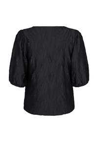 Black blouse featuring a textured wave pattern, balloon sleeves, and a relaxed fit. The back is smooth with a round neckline and no closures.