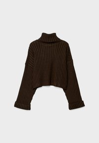 Brun ribbade cropped turtleneck tröja med vida ärmar och uppvikta muddarna, med ett strukturerat mönster genom hela tyget.