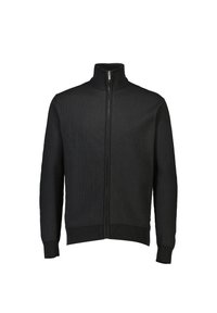 Sort zip-up jakke med struktureret stof, høj krave og ribbede manchetter. Har en fuld frontlynlås og en tætsiddende pasform.