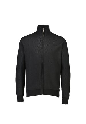 Zwarte zip-up jack met een textuurstof, hoge kraag en geribde manchetten. Voorzien van een volledige rits aan de voorkant en een getailleerd design.