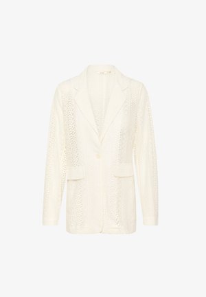 Weißes Spitzenblazer mit Reverskragen, zwei Fronttaschen und einem Einzelknopfverschluss. Verfügt über aufwendige Musterdetails im gesamten Design.