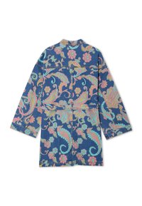 Μπλε τζιν παλτό μακρυμάνικο με παστέλ ροζ, πετρό λ και κίτρινα μοτίβα παϊέτας και λουλουδιών.