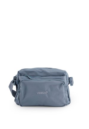 Small gray crossbody bag with multiple zippered compartments and "VENEZIA" logo on the front pocket, against a white background.