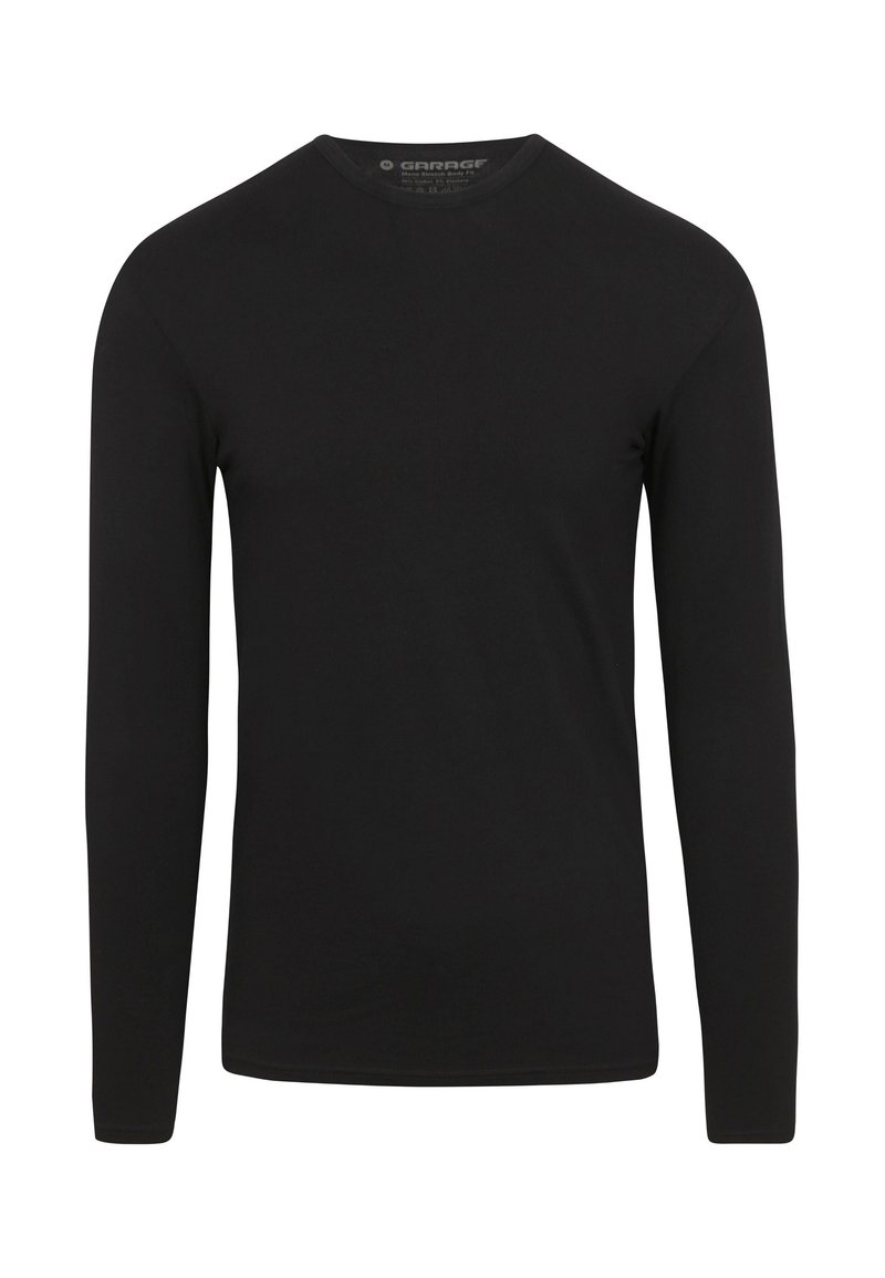 Zwarte longsleeve shirt gemaakt van zacht katoen. Heeft een klassieke ronde halslijn en een soepele, egale textuur zonder zichtbare patronen.