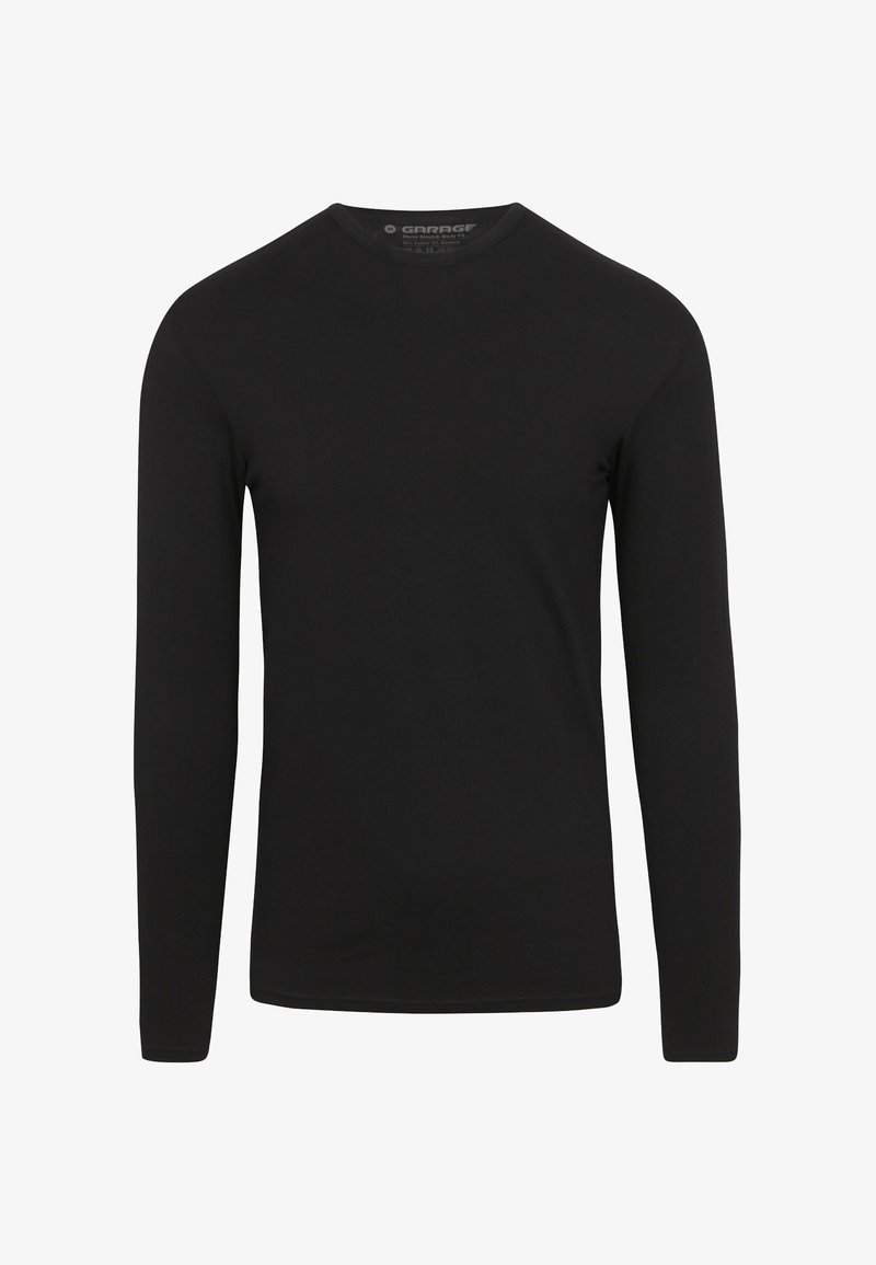 Zwarte longsleeve shirt gemaakt van zacht katoen. Heeft een klassieke ronde halslijn en een soepele, egale textuur zonder zichtbare patronen.