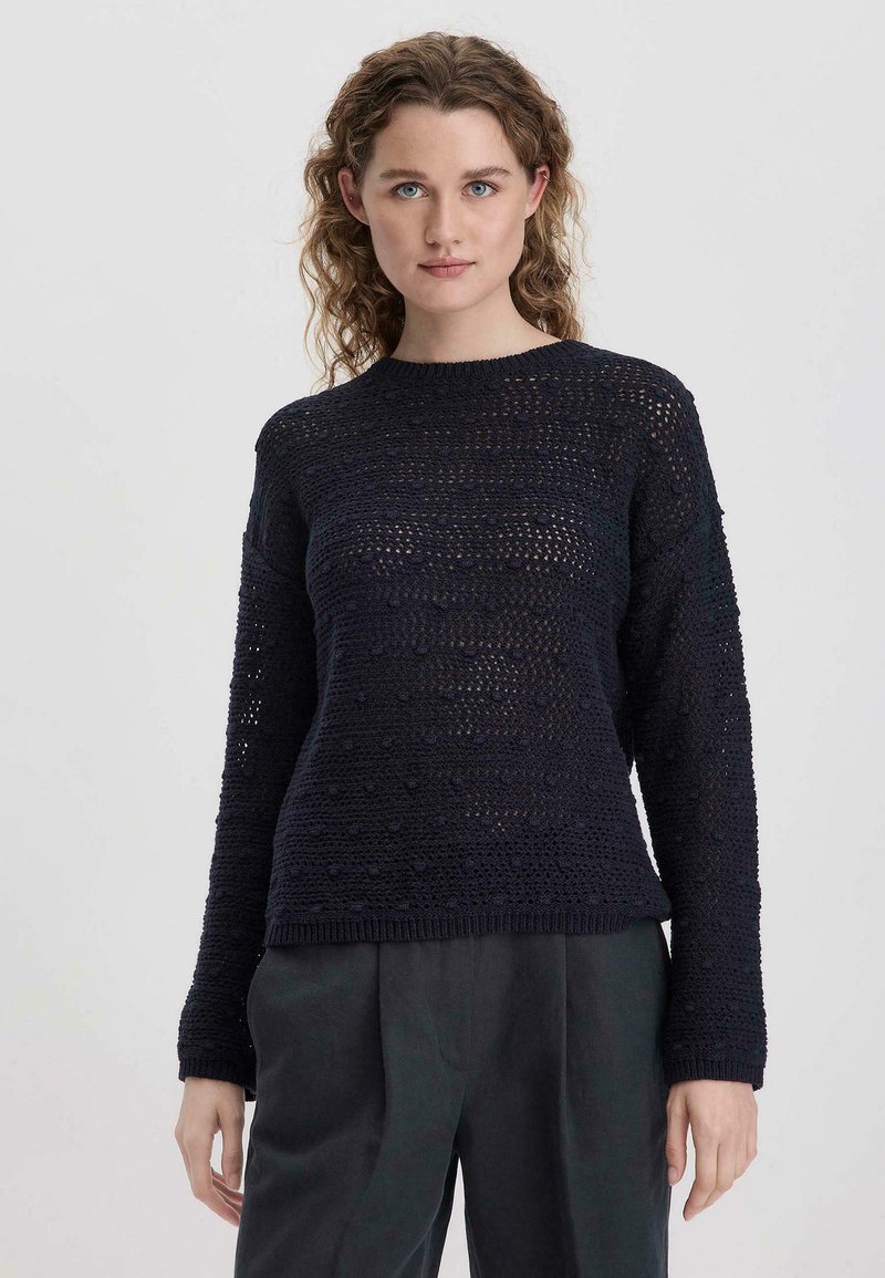 Marineblauer Strickpullover mit strukturiertem Design, featuring offene Maschen und erhabene Punkte. Klassischer Rundhalsausschnitt und gerippte Säume, über dunklen Hosen getragen.