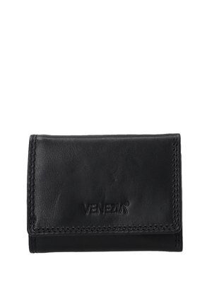 Black leather wallet with a folded design; features stitched edges and embossed brand logo on the front. Smooth texture, compact shape.