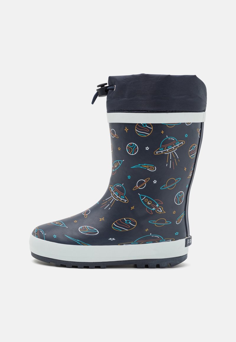 Botte de pluie étanche en caoutchouc avec une base bleu marine, ornée de planètes colorées et de vaisseaux spatiaux. Semelle blanche et partie supérieure ajustable avec cordon de serrage.