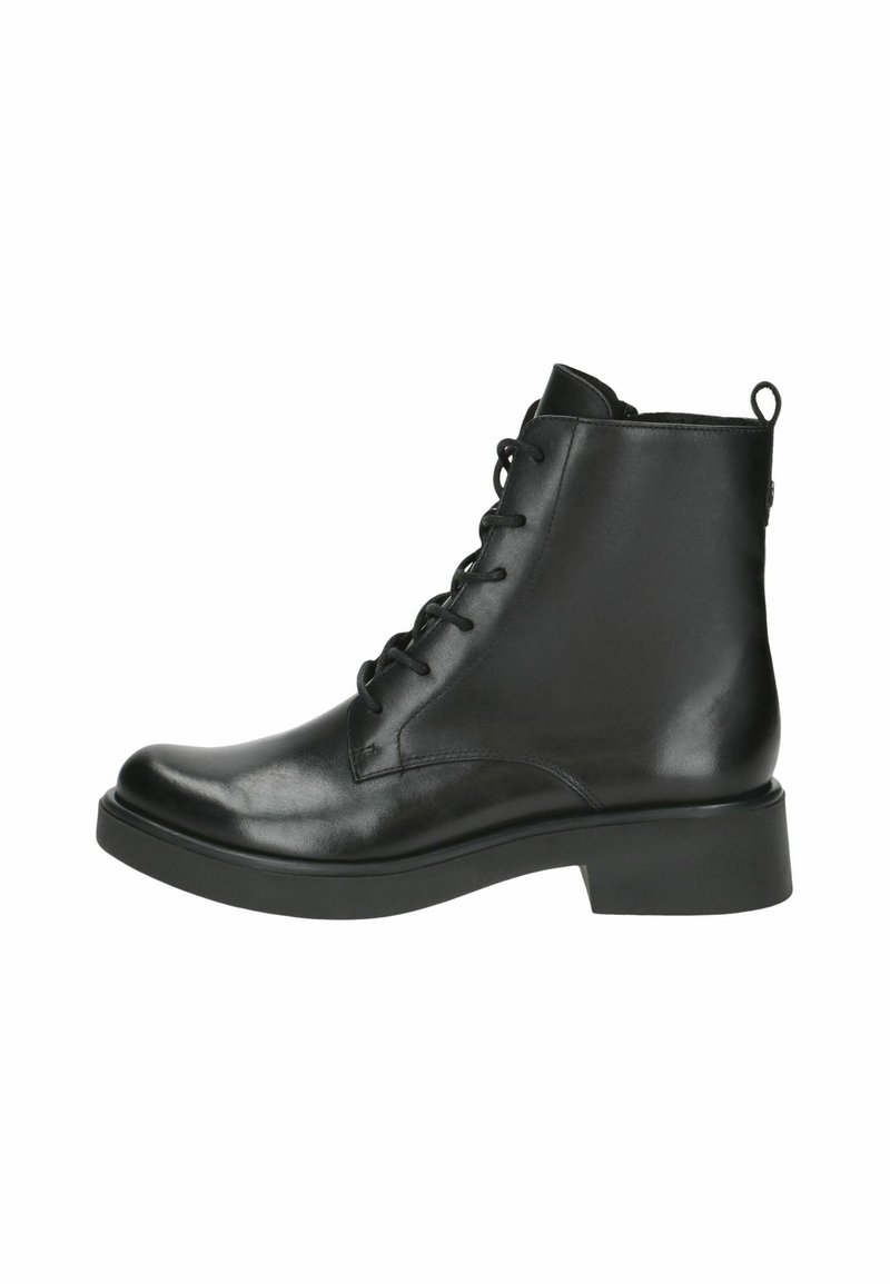 Schwarze Leder-Stiefeletten mit runder Zehenform, Schnürfront und niedrigem Blockabsatz; eleganter, glatter Textur und Zuglasche an der Rückseite.
