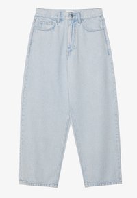 Jean en denim bleu clair avec une coupe décontractée à jambes larges. Doté de cinq poches, d'une fermeture par bouton et fermeture éclair, et de détails de coutures visibles.