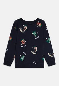 Felpa navy in morbido cotone, con un motivo giocoso di personaggi di cibo in cartone animato su skateboard. Maniche lunghe e polsini a costine.