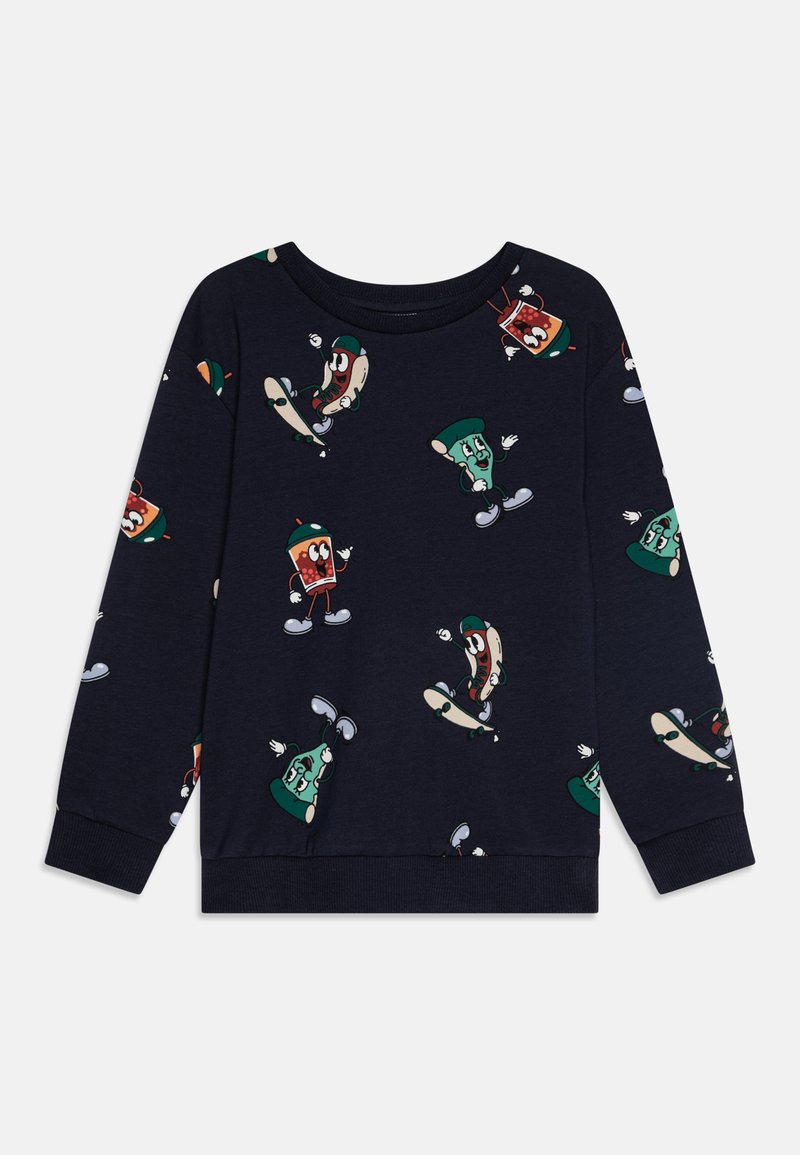 Felpa navy in morbido cotone, con un motivo giocoso di personaggi di cibo in cartone animato su skateboard. Maniche lunghe e polsini a costine.