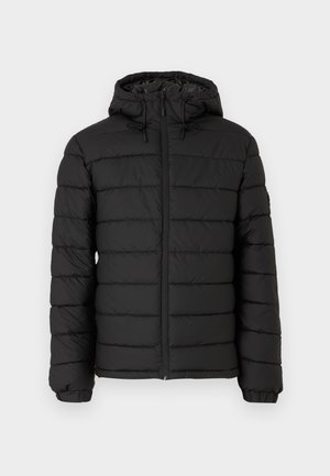 Geacă puffer neagră cu glugă, design matlasat, fermoar frontal, manșete elasticate și o textură netedă, oferind căldură și izolație.