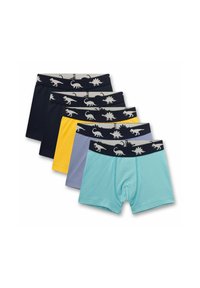 Fünf Paare Baumwoll-Boxershorts in Blau, Marineblau, Gelb und Flieder, mit marineblauen Taillengummis im Dinosaurier-Muster.