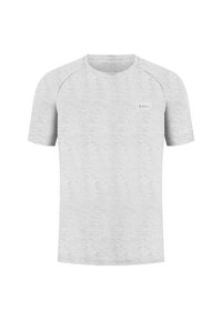 Grå kortærmet t-shirt lavet af blødt stof, med rund hals, raglan ærmer og et lille logo på venstre front.