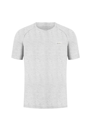 Grijze t-shirt met korte mouwen van zachte stof, met een ronde hals, raglanmouwen en een klein logo op de linker voorkant.