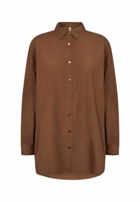 Brown long-sleeve button-up shirt with a pointed collar, smooth texture, and a slightly elongated fit. Features brown buttons along the front.