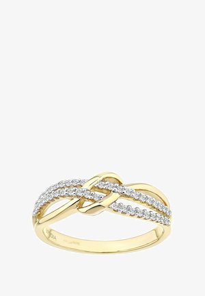 Geltonas auksas žiedas su susipynusiomis juostomis, turinčiomis lygų paviršių ir dekoruotas mažomis skaidriomis akmenukais dviem eilėmis.